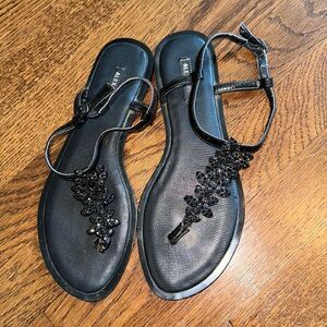 Alex Marie black thong flat sandals with black‎ rhinestones on top strap